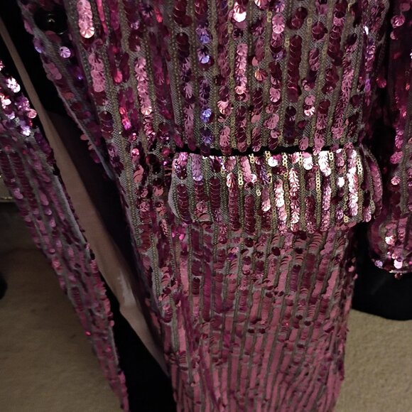 FREE PEOPLE PURPLE LILAC PINK SEQUIN w/BLACK SATIN TRIM DUSTER/COAT SZ L  NWT - Picture 6 of 10